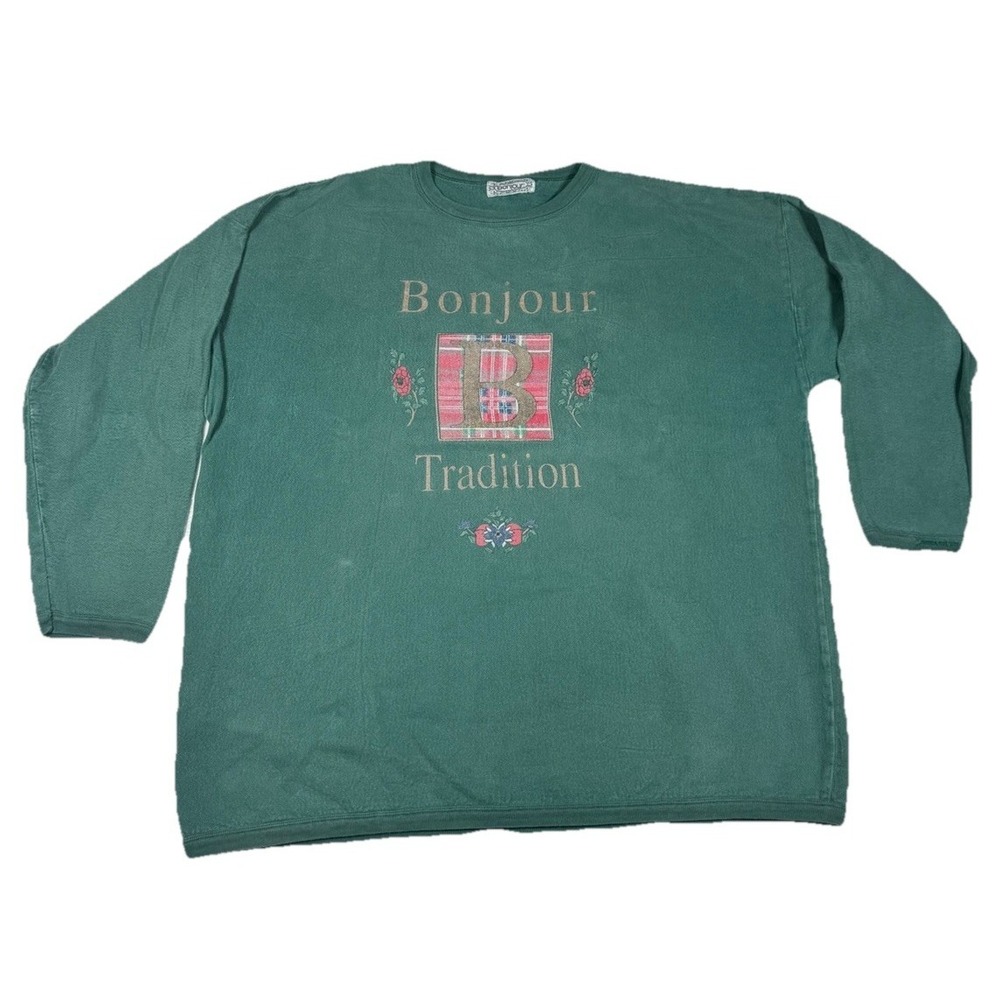Vintage 90s Bonjour Tradition 22/24 Sweatshirt Plaid Distressed Green No Stretch - Picture 1 of 15